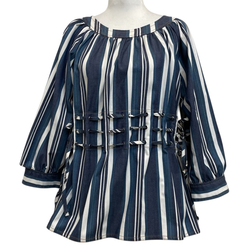 Current Air Blue Striped Corset Tie Side Structured Denim Top
